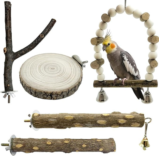5Pcs Natural Wooden Bird Perch Set – Parrot Perch Toys, Wooden Perch Swing, Cage Accessories for Budgies, Cockatiels, Lovebirds, Finches, and Other Small to Medium Birds (Brown, 5PCS-B)