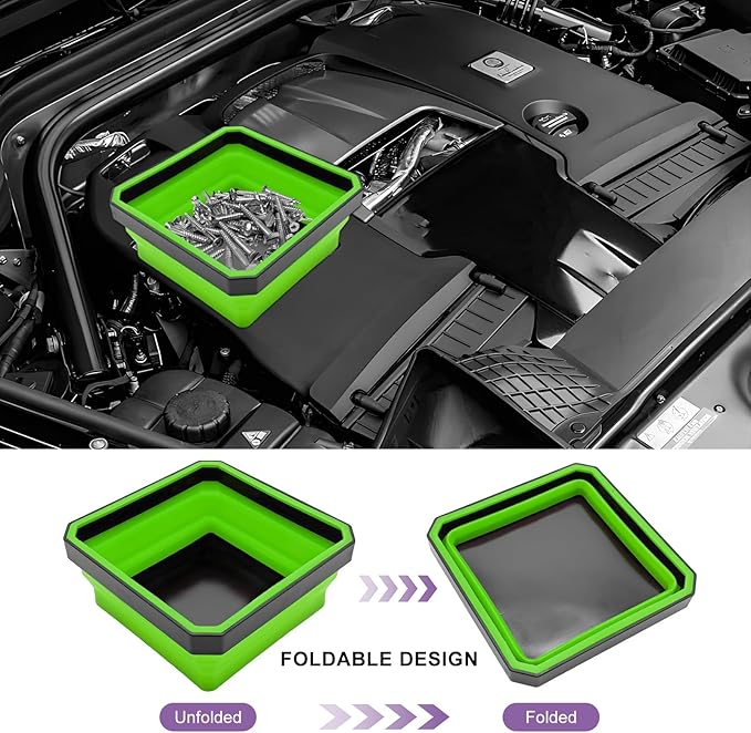 Collapsible Magnetic Parts Tray, 4.5" Square Silicone Metal Parts Organizer Double-Sided Magnet Bowl, Foldable Magnetic Tool Trays for Screws Bolts Nuts Washers Pins (Green)