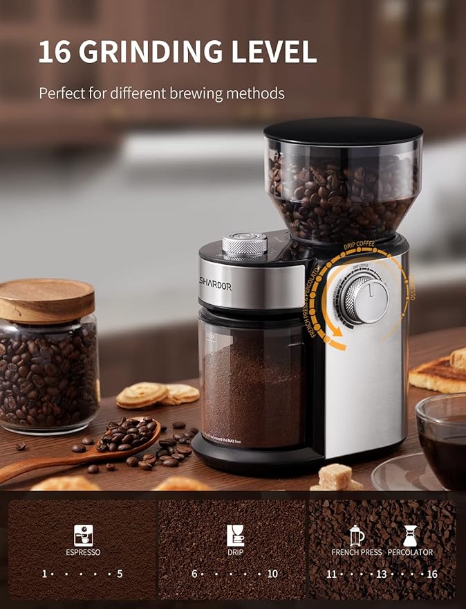 SHARDOR Burr Coffee Bean Grinder Electric, Adjustable Burr Mill with 16 Precise Grind Setting for 2-14 Cup, Silver