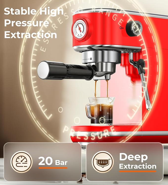 atatix 20 Bar Espresso Machine with Milk Frother, Compact Espresso Maker | Stainless Steel Coffee Machine with Precise Temp Control & 44oz Removable Water Tank for Latte, Cappuccino, Red