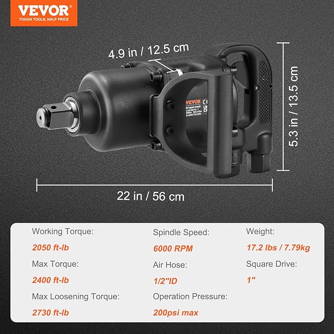 VEVOR 1 Inch Air Impact Wrench, Up to 2730 ft-lbs Reverse Torque Output 1" Pneumatic Impact Gun Lightweight w/ 2 Handles for Heavy Duty Repairs and Maintenance