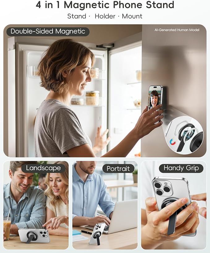 Dual-Sided Magnetic Phone Stand for MagSafe, Adjustable Kickstand Phone Foldable Holder Grip with Strong Magnet Compatible with Car Mounts Gym Equipment for iPhone 17/16/15/14/13 Series, Black