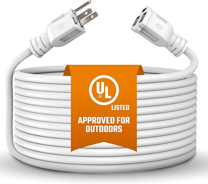 Outdoor Extension Cord Waterproof 10 Ft, White, Indoor, Outdoor Power Cord, Heavy Duty 16/3, Single Outlet, UL Listed, 3-Prong, Grounded Outlet, Extension Wire.