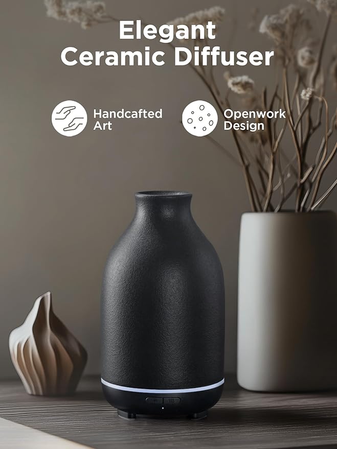 InnoGear Essential Oil Diffuser, 150ml Ceramic Stone Diffuser Handcrafted Aromatherapy Diffusers Ultrasonic Cool Mist Humidifier Vaporizor with 2 Mist Modes Waterless Auto Off for Room Office, Black