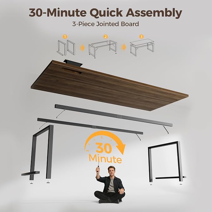 Mericonia 63 Inch Computer Desk with Power Outlets, 1.2" Thick Office Table | Modern Simple Style, Heavy Duty Industrial Frame, Large Study & Writing Table for Home Bedroom Work, Walnut