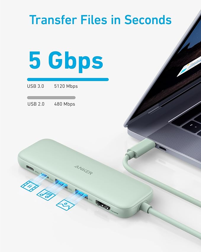 Anker USB C Hub, 5-in-1 USBC to HDMI Splitter with 4K Display | 85W Max PD, 1 Powered USB-C 5Gbps & 2 Powered USB-A 3.0 5Gbps Data Ports, for MacBook Pro, MacBook Air, Dell and More (Green)