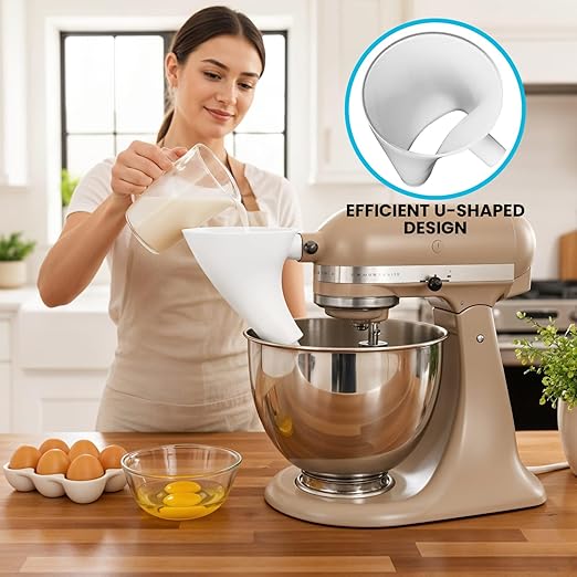 Flour Funnel for KitchenAid Mixer with 5-Piece Measuring Spoon Set, Wide Mouth Pouring Chute Attachment, Mess-Free Anti-Spill & Anti-Splash,Fits Tilt-Head 4.5-5 Qt (KSM150),Dishwasher Safe Baking Tool