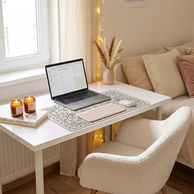 iCasso Aesthetic Mouse pad,23.6x13.7 Desk Pad Mat, Gray Floral | Desk Matt for Desktop, Anti-Slip Mousepad with Stitched Edges for Laptop Computer Keyboard