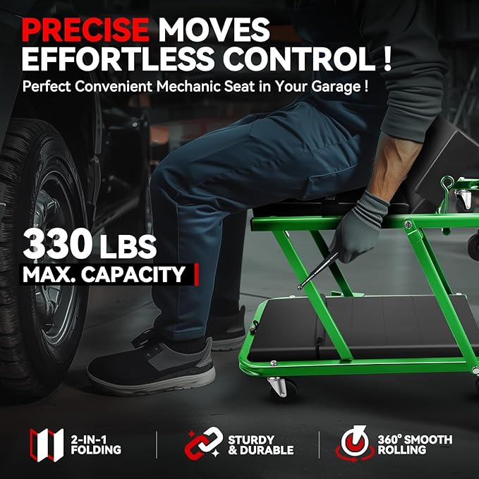 Auto Dynasty 48" Z-Creeper Seat, 2-in-1 Foldable Garage Rolling Creeper Shop Seat, 330 LBS Capacity Automotive Mechanic Under Car Repair Tool, Green