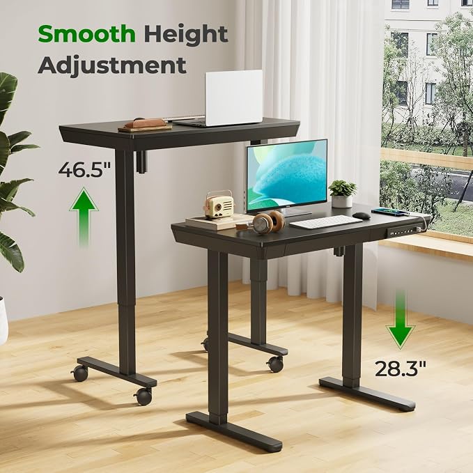 35" Electric Standing Desk with Drawer, 4 Lockable Wheels | Height Adjustable Quick Install One-Piece Tabletop with USB Charging Port, Small Sit to Stand up Desk for Home Office, Black