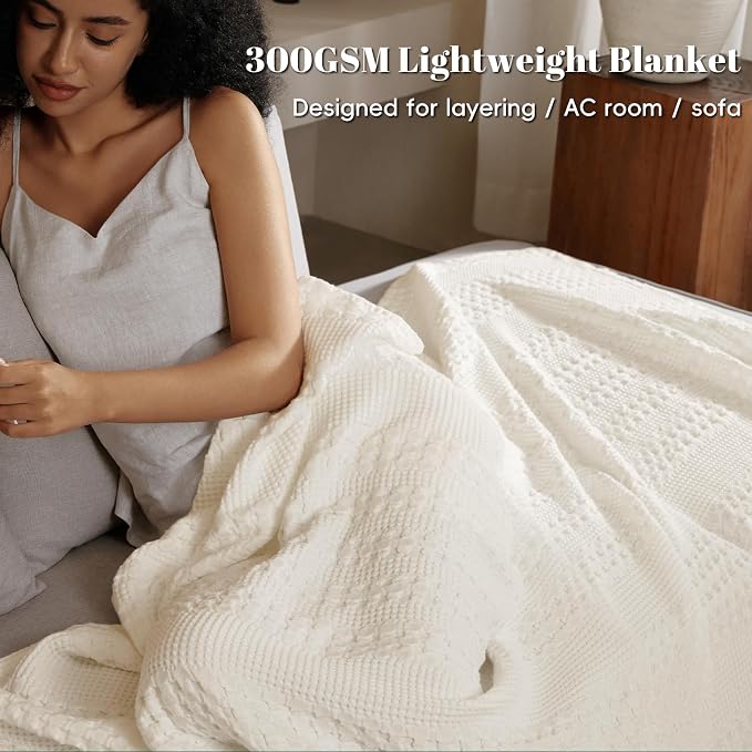 PHF 100% Cotton Waffle Weave Blanket Queen Size, Lightweight Breathable Summer Blanket for Hot Sleepers, Pre-Washed Soft Layer for Bed, Couch, Aesthetic Home Decor & Gift, 90"x90", Ivory