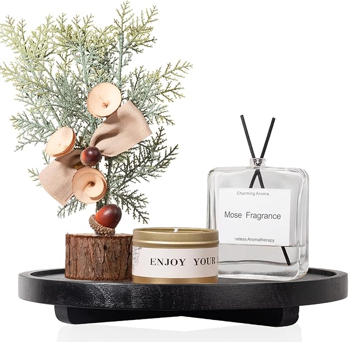 Round Decorative Tray Wood Bathroom Counter Organizer Farmhouse Kitchen Decor Wooden Riser for Soap Dish, Perfume, Candle, Sponge, 11" - Black