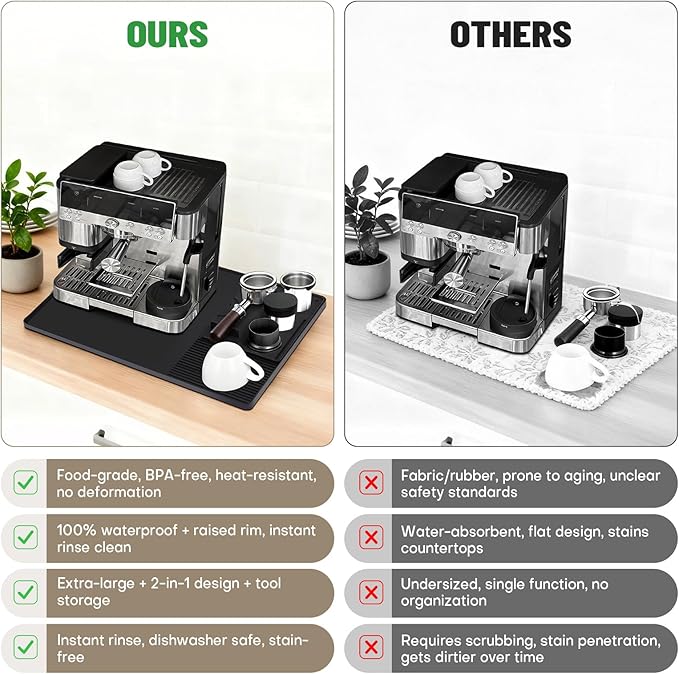 Silicone Coffee Mat Compatible with Ninja Luxe Espresso Coffee Machine ES601/ES701 & Most Home Espresso Machines - 23"x15" Anti-Slip Heat-Resistant - Maker Bar | Tamping Mat (2-in-1)