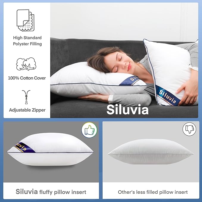 Siluvia 24x24 Pillow Inserts Set of 2 Square Throw 24 Euro Pillows with 100% Cotton Cover for Sofa, Couch, and Bed - White | 100% Premium Polyester Fill, Fluffy & Soft with Comfy Support - White Decorative Cushion Inserts for Couch, Sofa & Bed