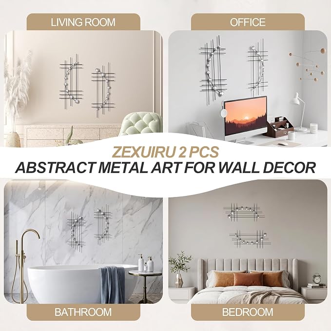 ZEXUIRU 2 Pcs Abstract Metal Art for Wall Decor Living Room Bedroom Bathroom Office Metal Bling Modern Geometric Hanging Vertical Small Iron Sculpture Plaque Pack -Black 24in