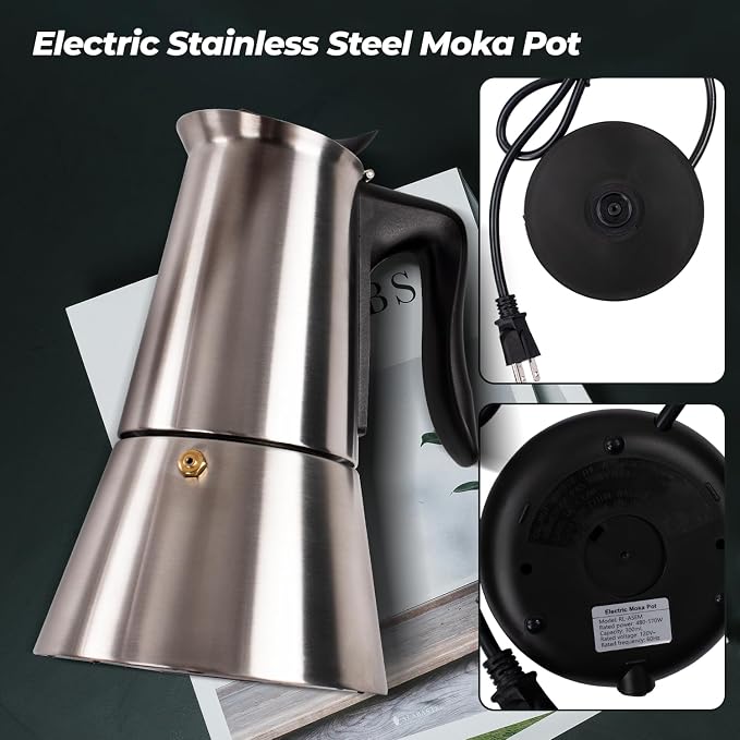 Electric Stainless Steel Moka Pot 6 Cup 300ml Mocha Pot | Espresso Maker with Detachable Base Ideal Coffee Maker for Home Italian and Cuban Café Coffeemaker Espressomaker Coffee Pot