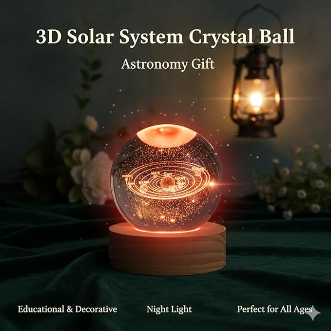 3D Crystal Ball Night Light, Galaxy Lamp Sphere Orb with 7 Color LED on Wooden Base, Glass Globe Lamp for Bedroom Decor, Celestial Cosmic Crystal Light, Birthday Gift for Teens Boys Girls (Saturn)