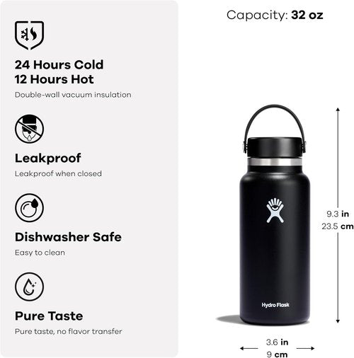 Hydro Flask Water Bottle - Insulated Stainless Steel - 32 Oz Wide Mouth Flex Lid, Leakproof & Refillable