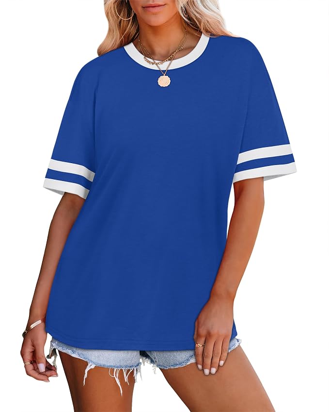 WIHOLL Womens T Shirts Loose Fit Short Sleeve Tees Crew Neck Color Block Summer Tops 2026 Fashion