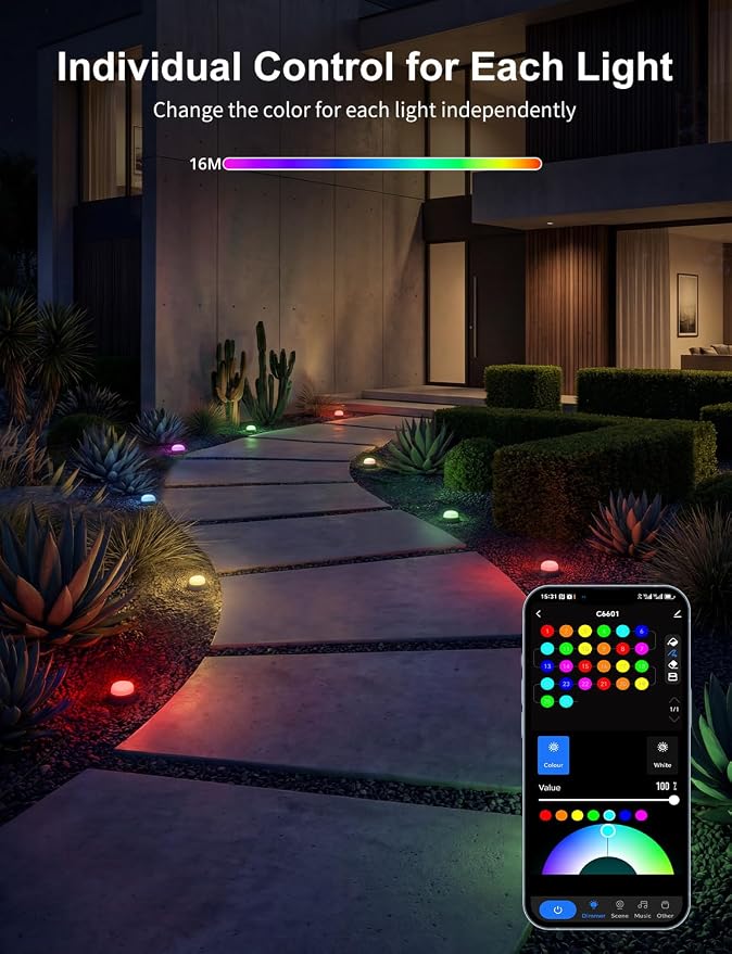 APPECK Outdoor Ground Lights 15 Pack, 32FT RGBCW Pathway Lights Wired | Color Changing Landscape Lights, 2200-6500K CCT, IP65 Waterproof, for Path Garden Lawn, Holiday/Party Decor, Alexa Compatible