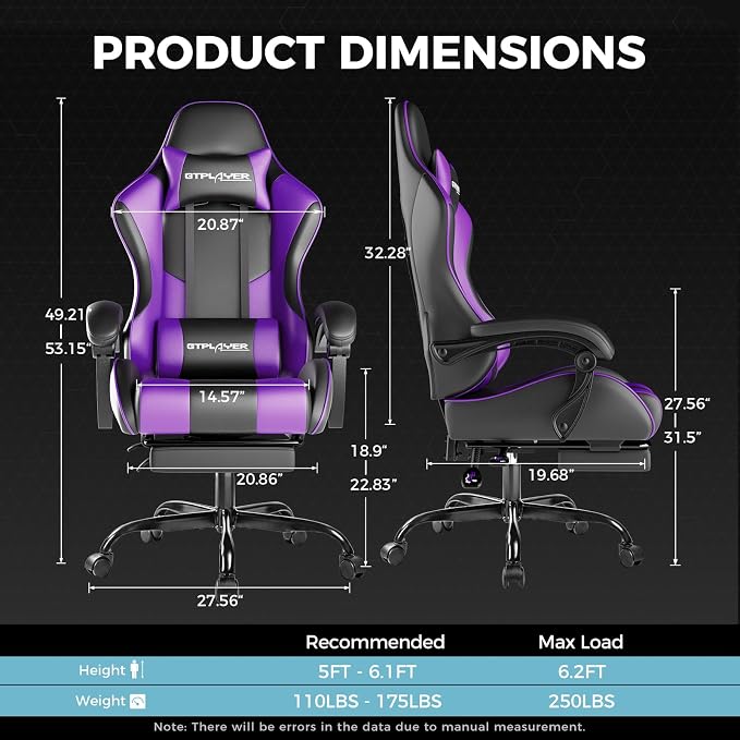 GTPLAYER Gaming Chair, Computer Chair with Footrest and Lumbar Support, Height Adjustable Game Chair with 360°-Swivel Seat and Headrest and for Office or Gaming (Faux Leather, Purple)