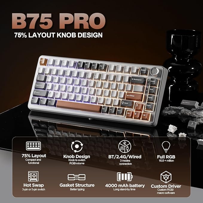 YUNZII B75 PRO 75% Wireless Mechanical Keyboard (Grey,Milk Switch) | Hot Swap Keyboard with Knob, Gasket Mount, Creamy Pre-lubed Switch for Smooth Typing, BT/USB-C/2.4G, for Gaming