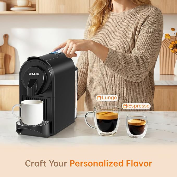 CHULUX Bafè-Pro Single Serve Espresso Machine for Nes Original Pods, Black | 1400W Rapid Heating, Espresso Lungo Buttons, Used Capsule Drawer, Auto-Eject System, 24oz Removable Reservoir, Mini Footprint