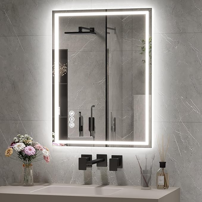 LED Bathroom Mirror 24x36 Inch Anti-Fog Bathroom Mirror with Lights, Wall Mounted Lighted Vanity Mirrors, Dimmable, Backlit + Front Lit, Smart Bathroom Vanity Mirror with 3 Colors Temperature