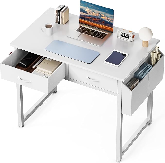 DUMOS 32" Home Office Computer Desk with Drawers, Small Gaming Writing Study Table with Storage Side Bag, Headphone Hook and Adjustable Feet for Bedroom White | Home Office Desk for Bedroom, Gaming Writing Study Desk with Adjustable Feet
