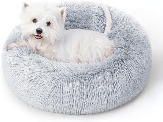 Calming Dog Bed & Cat Bed with Anti-Slip Bottom, Medium Size Washable Anti-Anxiety Donut Dog Beds for Medium Dogs, Fluffy Plush Cozy Round Dog Bed(27 Inch, Light Grey)