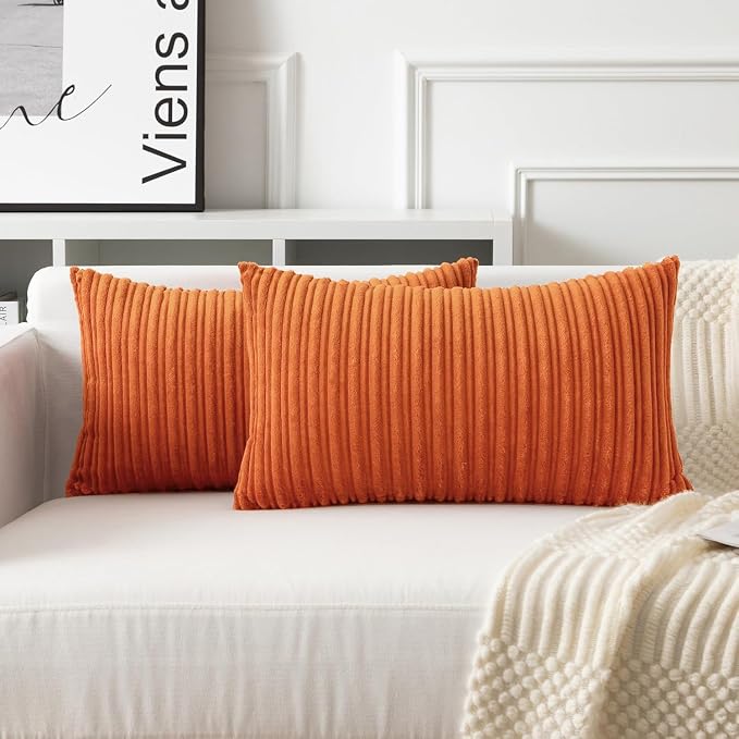 UGASA Fall Velvet 12x20 Inch Lumbar Soft Throw Pillow Covers Decorative Corduroy Striped Both Sides Solid Rectangular Cushion Cases Boho Farmhouse for Couch Bedroom Sofa Home, Pack of 2, Dark Orange