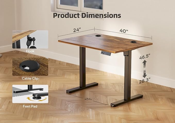 YDN 40 x 24 Inch Rustic Brown Electric Standing Desk | Adjustable Height, Sit Stand, Cable Management, Ergonomic, Home Office