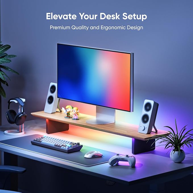 Nanoleaf Smart Monitor Stand, Wood Riser, RGB LED Task & Ambient Light | Ergonomic monitor stand with built-in ambient LED lighting, smart desktop accessory for home office & gaming setups