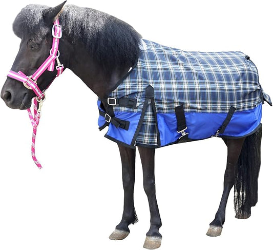 600 Denier Ripstop Mini Horse Blanket - 0g Fill Lightweight, Waterproof Breathable Miniature Pony/Donkey Turnout Rain Sheet Blueplaid 48