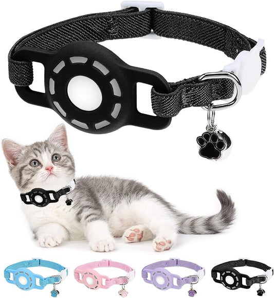 Airtag Cat Collar Breakaway, Stretchy Cat Tracker Collar with Apple Air Tag Holder for Boy Girl Cats, Elastic GPS Tracking Collars for Kittens and Puppies, Adjustable 9"-12" Black