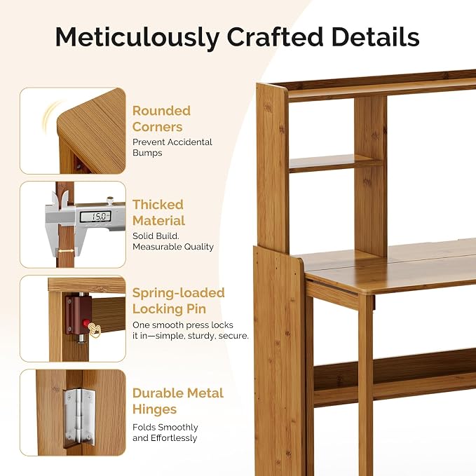 Folding Desk with Bookshelf, Compact Foldable Desk for Small Spaces,Brown | Bamboo Computer Desk with Storage Shelf, Space-Saving Home Office Desk with Hutch for Bedroom, Dorm, Apartment