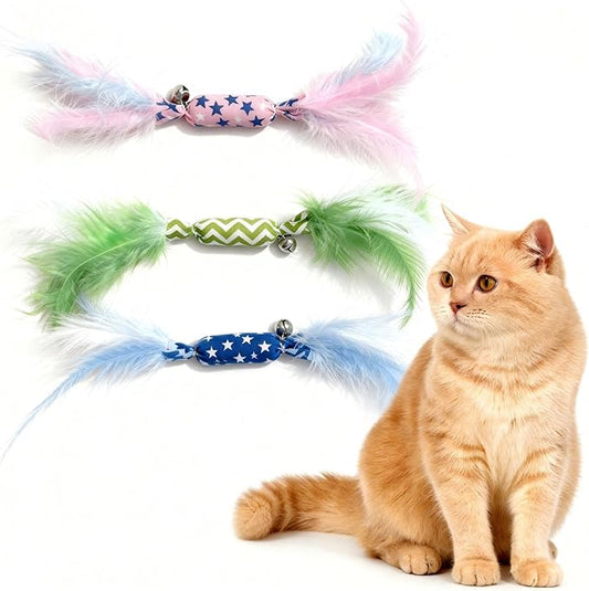 Catnip Toy Candy Shape with Bright Colors Feathers & Bell, Kicker Chew Toy for Indoor Cats, Enrichment Toys for Bored Kittens & Adult Cats, 3-Pack Crinkle Plush Toys for Teething and Play