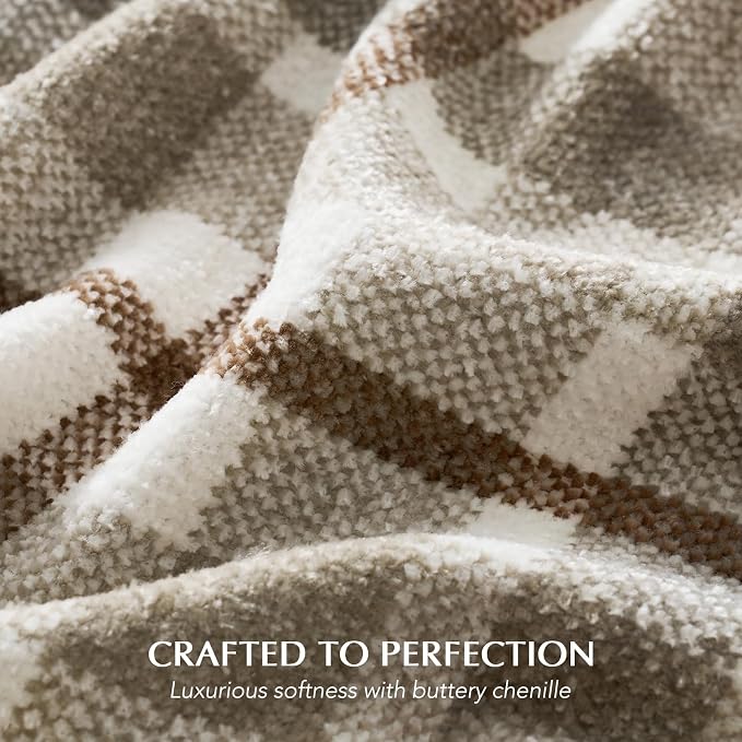 Plaid Chenille Knit Throw Blanket for Couch, 60"x80", Beige | Super Soft Knitted Throw with Tassels, Cozy, Decorative Farmhouse Plaid, Lightweight, Ideal for Bed Sofa Gift Home Decor