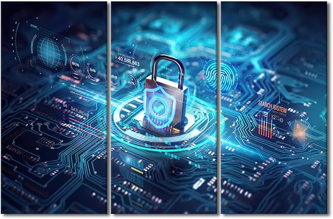 TUMOVO Large Canvas Wall Art 3 Panels Secure Connection or Cybersecurity Service Concept of Compute Print on Canvas for Living Room Bedroom Wall Decoration, Ready to Hang, 60" Wx40 H