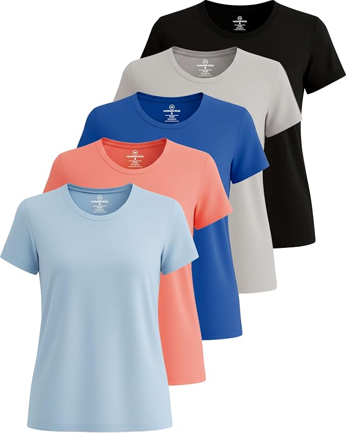 5 Pack Women's Dry Fit Short Sleeve Athletic Gym Workout Running Tops | Available in Plus Size, Exercise, Sports, Fitness, Quick Dry, Cooling, Moisture Wicking, Loose Basic Tees, Yoga, Pilates