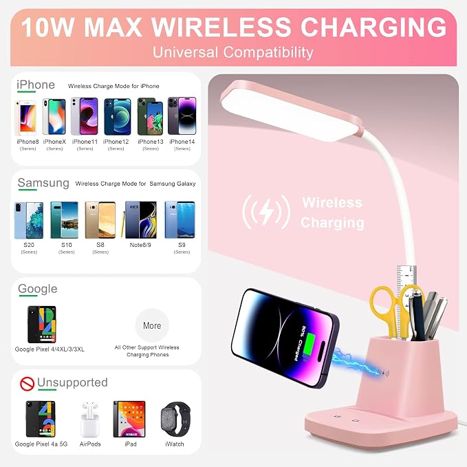 LED Desk Lamp with 10W Wireless Charging & Pen Holder, Pink | CRI 95, 800LM, Stepless Dimming, 3 Modes, 360°Flexible Arm, Touch, Study Table Lamp for Home Office, Dorm Room, with Adapter