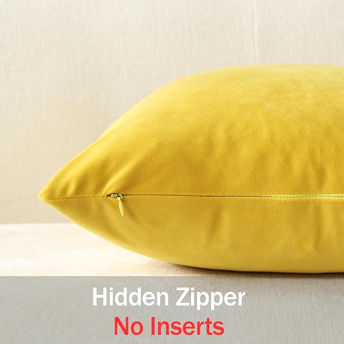 Throw Pillow Covers 20x20 Yellow: Pack of 2 Cozy Soft Velvet Square Modern Luxury Decorative Throw Pillow Cases for Sofa Couch Living Room Bed Home Decor