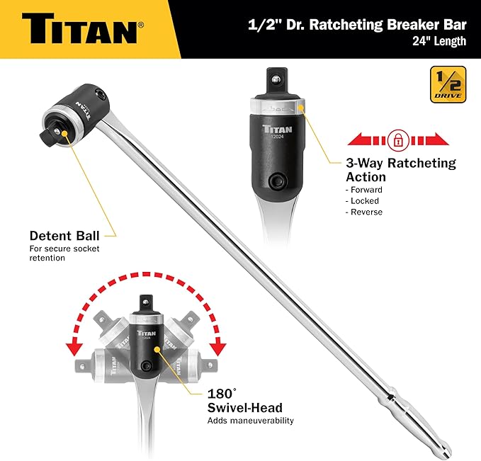 Titan 12024 1/2-Inch Drive x 24-Inch Heavy-Duty Ratcheting Breaker Bar with 180-Degree Swivel Head