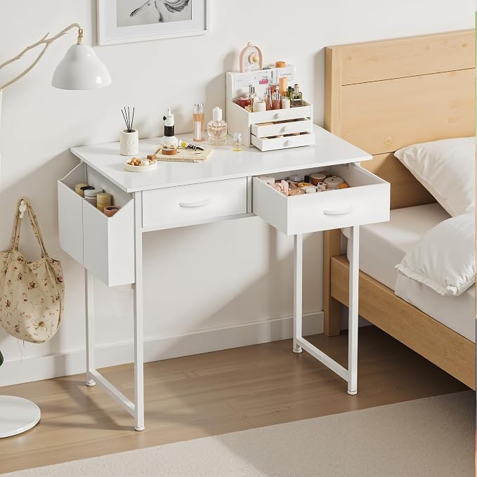 OLIXIS 32 Inch Gaming Desk, Computer Desk, Fabric Drawers | Side Bag Headphone Hook, Home Office Work Table, Writing Study Bedroom, Small Space, White