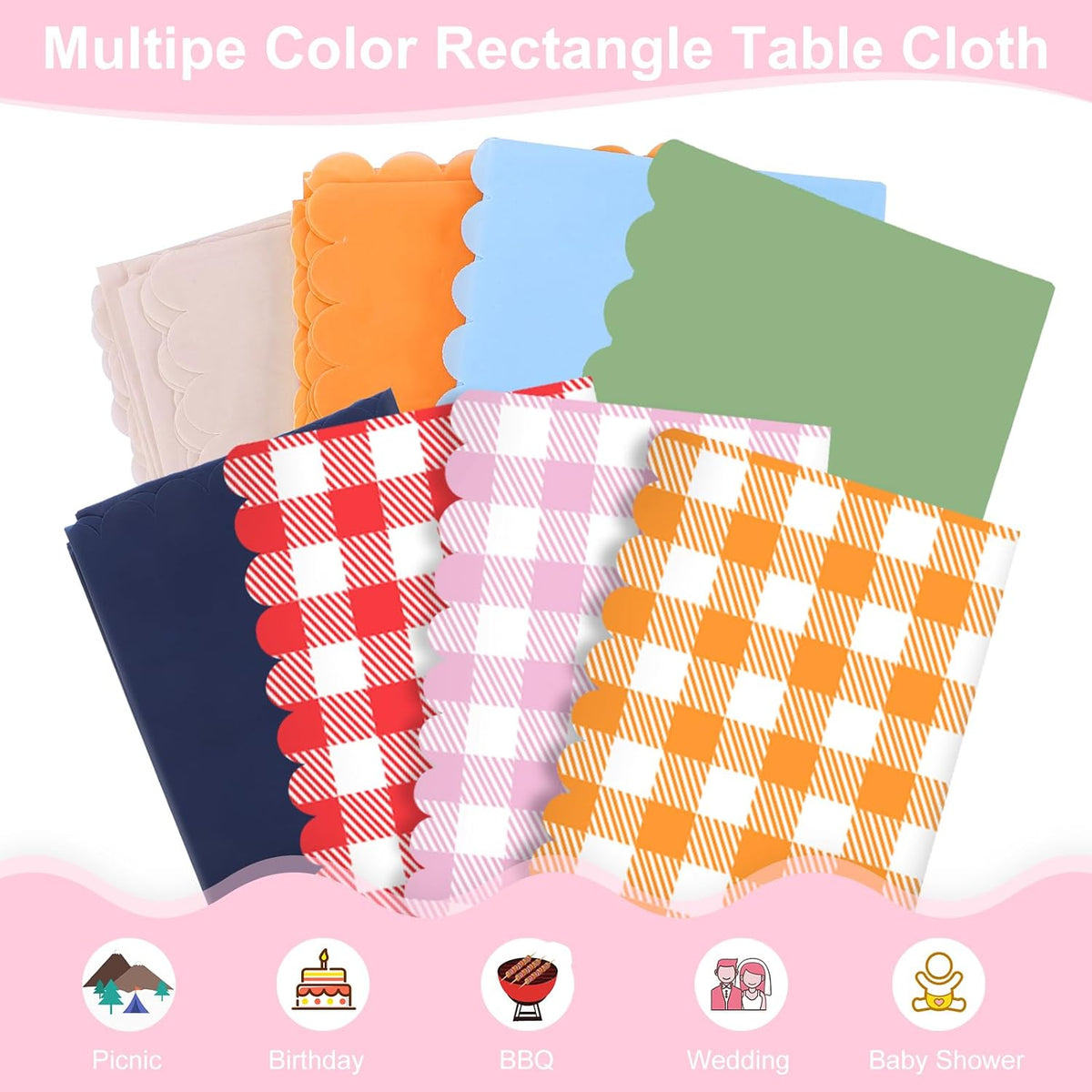 NatNarr 6 Pack Pink Gingham Tablecloths, 54 X 108Inch Scalloped Pink and White Checkered Table Cloth, Disposable Party Table Covers for Wedding Picnic Birthday Baby Bridal Shower Anniversay