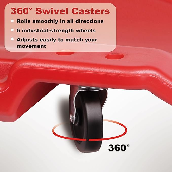 40-Inch Mechanic Creeper – Heavy Duty 500lb Rolling Garage Creeper with Padded Headrest, Dual Tool Trays & 6 Swivel Casters – Low Profile Under Car Automotive Creeper for Auto Repair, Red