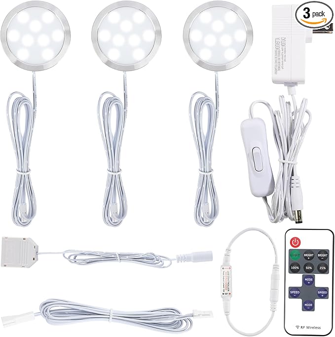 Plugged in Under Cabinet Round Puck Lighting Kit, 110V Electric Wired LED Closet Bookcase Lights, Remote Control Dimmable, 3-Way Octopus Junction Box Wiring, 3 Lights, Cool White