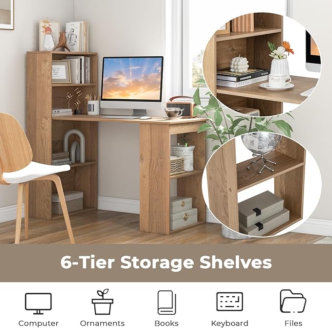 GRAFFY Computer Desk with 6 Storage Shelves - 48" Reversible Writing Desk Workstation with Bookshelf and CPU Stand, Modern Compact Office Desk for Bedroom, Study, Home, Office (Natural)