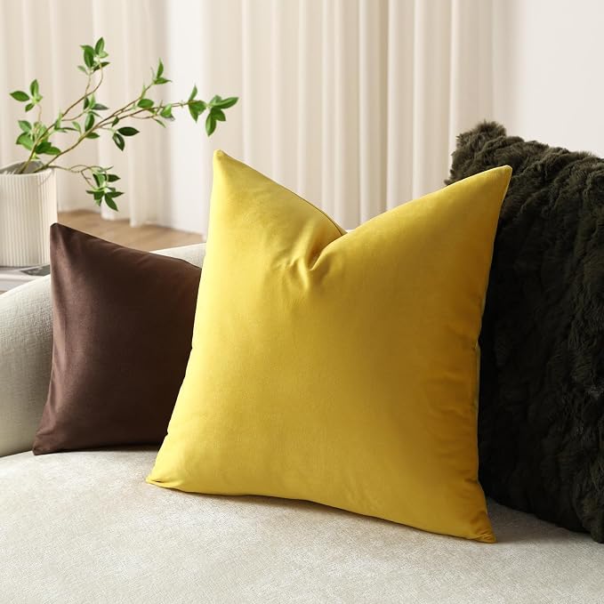 Euro Sham Covers 26x26 Yellow: Pack of 2 Cozy Soft Velvet Square Modern Luxury Decorative Throw Pillow Cases for Sofa Couch Living Room Bed Home Decor