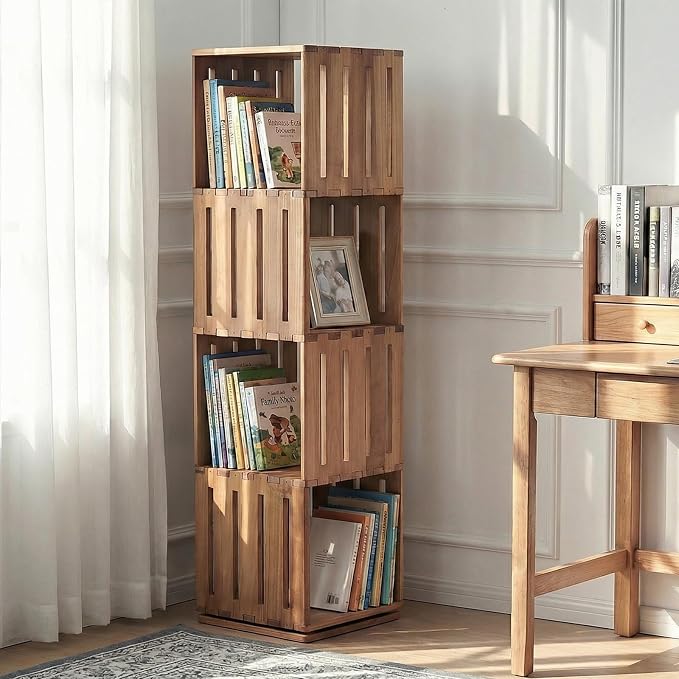 Wooden Rotating Bookshelf, 360°Spinning Deep-Bin Tower for Art Books&Large Formats, Solid Wood Revolving Bookcase, Floor Standing Storage Rack,Corner Organizer,Small Space,study,Office, 4-Tier